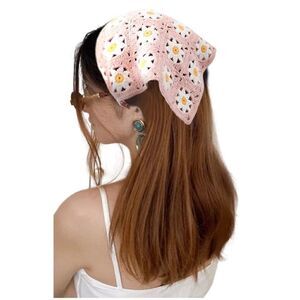 Crochet Triangle Flower Headscarf Bandana in Pink, White & Yellow